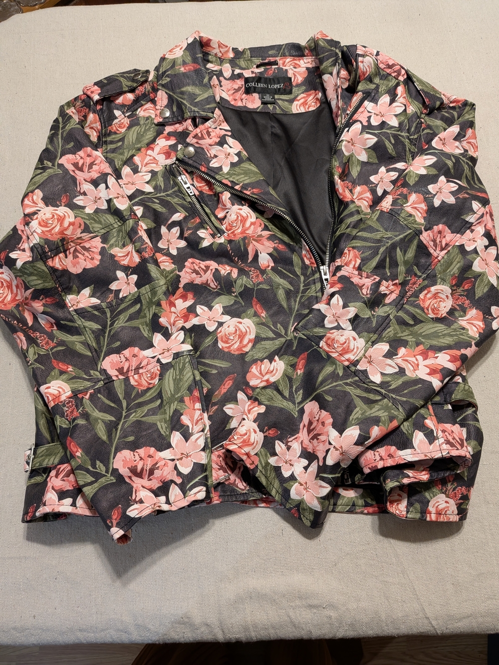 Floral Faux Leather Moto Jacket Pink Rose Edgy Fall - Picture 3 of 14